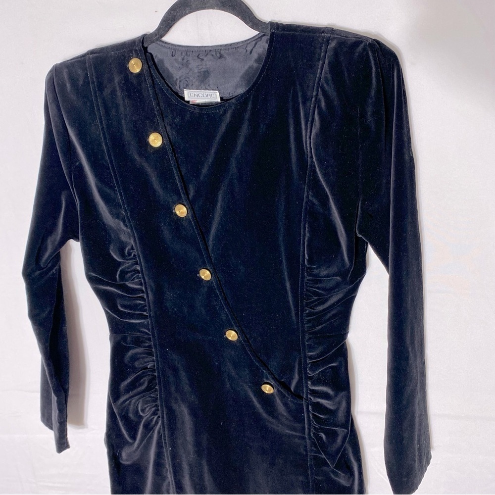 Vintage Encore Black Velvet Long Sleeve Bodycon Mini Dress With Shoulder Pads M - Picture 9 of 16
